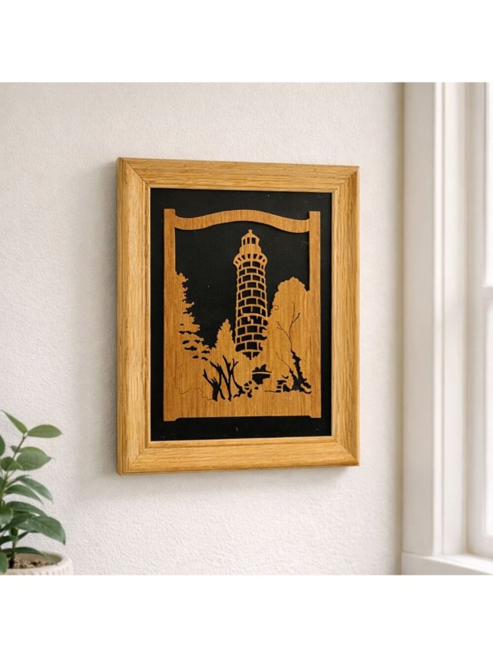 Handcrafted‎ Oak Framed Lighthouse Silhouette Wall Art 12"x10" Cutout Design